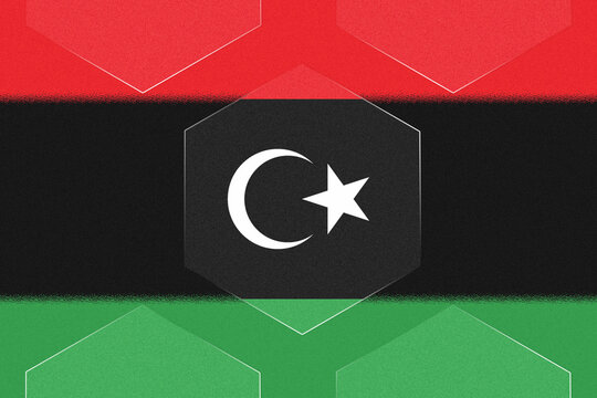 Contemporary Graphic Illustration of the Libyan National Flag Featuring a Hexagonal Pattern Overlay and Subtle Grain Texture
