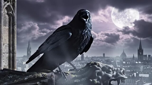 A black raven perches on a gargoyle overlooking a Gothic cityscape under a full moon.