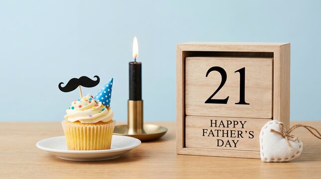 Happy father's day 21 celebration with mustache cupcake lit candle wooden block calendar on light background fathers day baked good party hat mustache