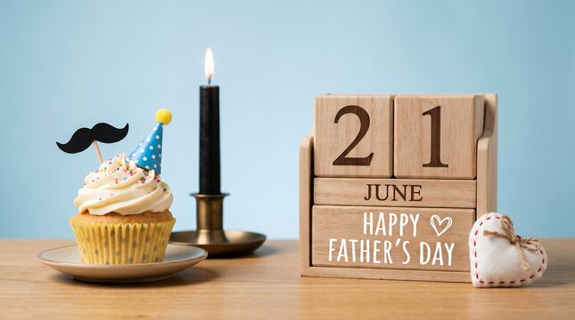 Happy father's day june 21 celebration with cupcake candle calendar on wooden table party hat sweet treat baked good wooden blocks blue background