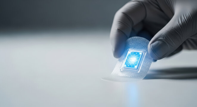 Personalized medicine ai wearable patch glowing sensor on sterile gloved hand for futuristic health monitoring and painless drug delivery