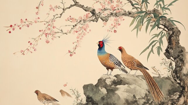 Chinese ink watercolor vertical scroll two pheasants one colorful blue red one brown on grey rock large pink blossom tree upper branches several small brown birds green bamboo red berries light cream 