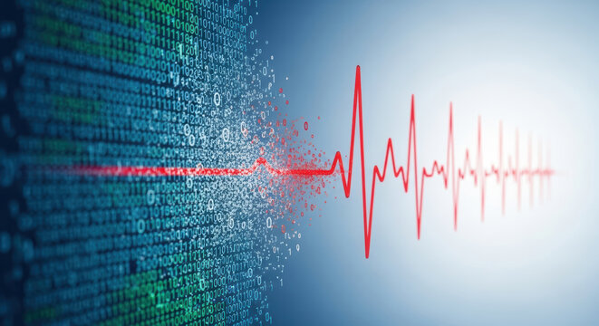 Personalized medicine data waveform depicting heartbeat line merging with digital binary code medical technology concept for diagnostics
