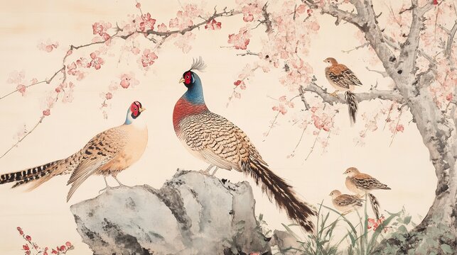 Vertical traditional Chinese painting pheasants on rock colorful and brown pink blossom tree above small birds on branches green bamboo red berries soft light cream tranquil detailed