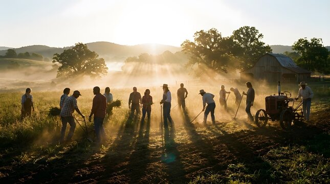 Group of volunteers working together in a rural farm field at sunrise.