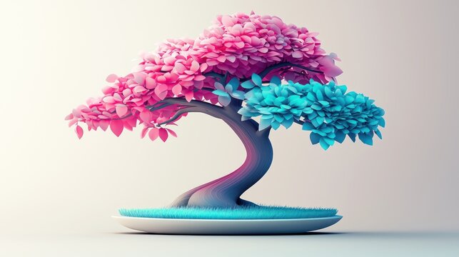 Colorful Bonsai Tree on a Light Background; Artistic Still Life; Digital Art; Stock Photo