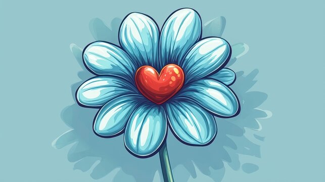 Floral illustration, heart-shaped center, light blue petals, pastel background. Use for posters, greeting cards, or websites