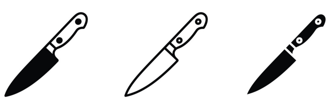 Collection of three different kitchen knife icons in black and white for cooking and culinary use