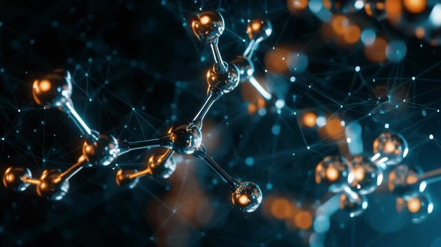 Seamless looping 3D animation of a glowing abstract molecular structure, possibly ATP, with a futuristic network representing science, technology, and energy.