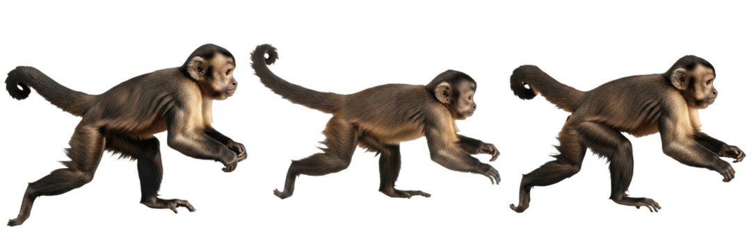 A set of agile monkeys walking and prowling forward, realistic brown primates with long curved tails, dynamic wildlife movement study PNG

