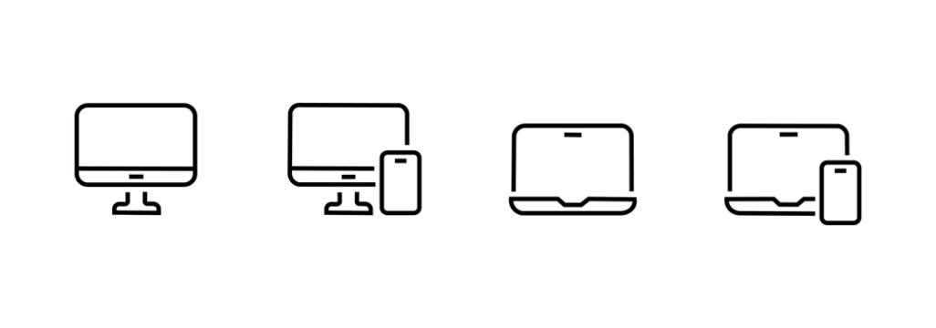 Responsive digital device icon set in line style. Digital displays, desktops, computers, laptops, tablets, smartphones, simple line style symbols for apps and websites.
