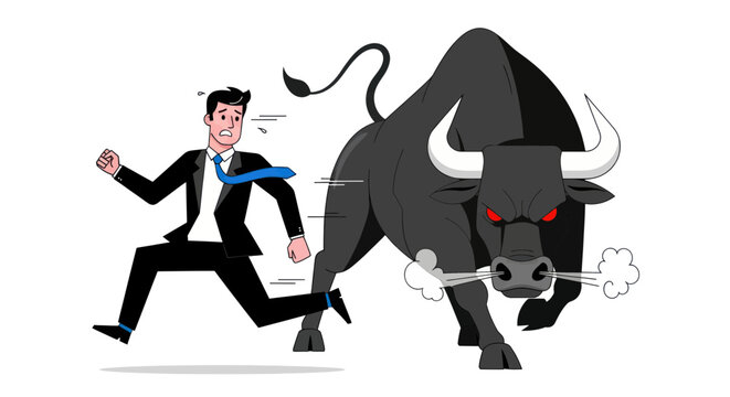 Businessman Running From Aggressive Bull, Stock Market Crash Concept
