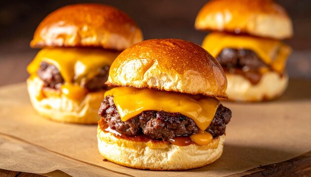 Three cheeseburgers on a brown paper with melted cheese and toasted buns on a wooden table