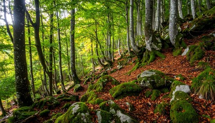 Obraz premium A forest scene with mossy rocks and trees on a hillside
