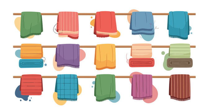 Rows of colorful towels and blankets with various textures and fringes hanging from wooden rods for home organization.