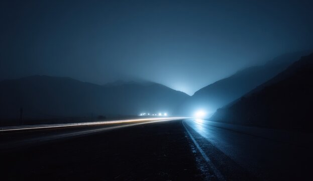 Long road with leading perspective into horizon surrounded by mountainous terrain under dark sky