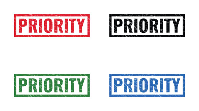 Set of four colorful priority rubber stamp designs with grunge texture effect for business documents and office work