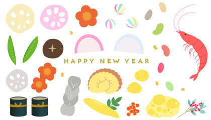 Fototapeta premium おせち料理のアイコンイラストセット 年賀状イラスト素材 和食