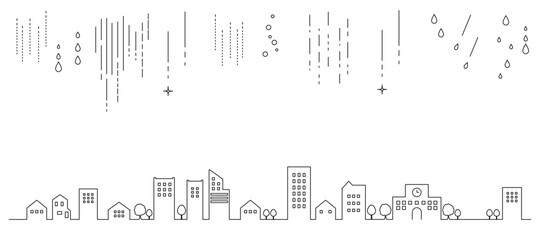 Obraz premium 雨が降るシンプルな街並みの線画イラスト 背景イラスト 都市景観