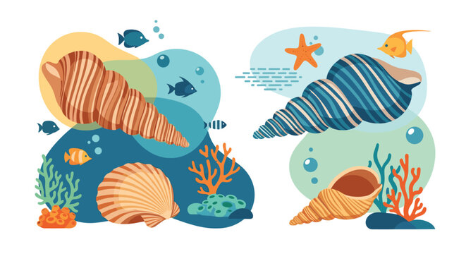 Beautiful collection of stylized sea shells and corals underwater with various tropical fish swimming around.