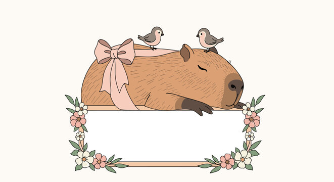 Sleepy brown capybara wearing a large pink bow and two small birds on its back above a decorative floral frame for text.