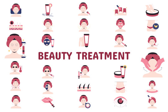 Beauty Treatment Flat Vector Illustration Icon Sticker Set Design Materials