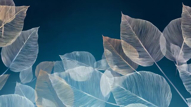 Transparent leaves with intricate veins are arranged artistically on a blue backdrop, blending nature and abstraction. This trendy botanical composition evokes calmness and contemporary style