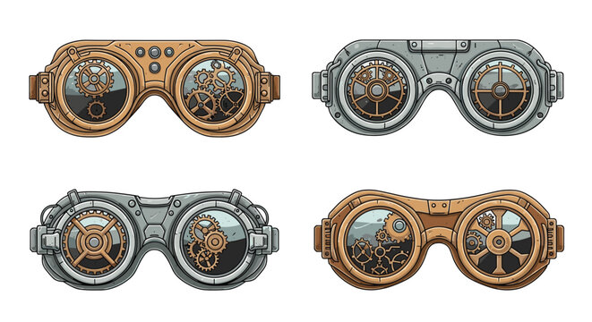 Collection of four pairs of detailed steampunk goggles with brass and silver frames and visible clockwork gears inside.
