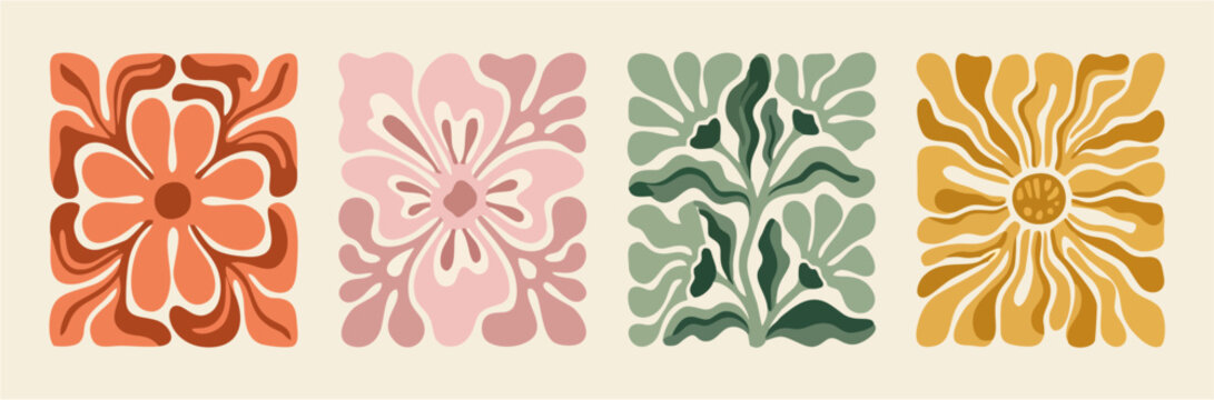 Retro Groovy Abstract Floral and Botanical Tile Panel Set &mdash; Terracotta Daisy, Pink Flower, Sage Green Leaf, and Mustard Sunflower in 70s Earth Tone Boho Style for Wall Art and Surface Pattern Design