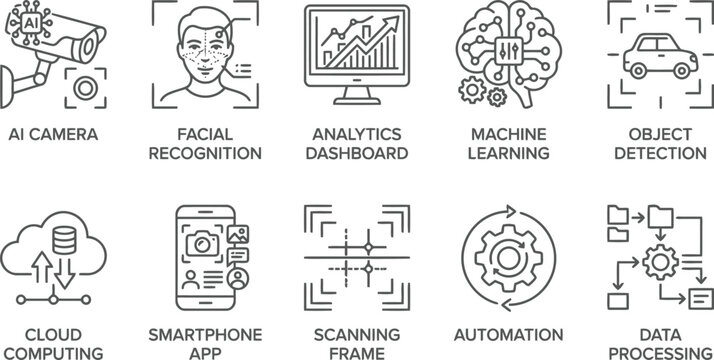 Technology icons set: AI camera, facial recognition, analytics, machine learning, object detection, cloud computing, smartphone app, scanning, auto...