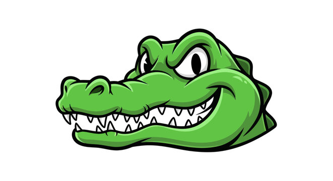 Green alligator cartoon mascot head smiling with sharp teeth, isolated on white background.