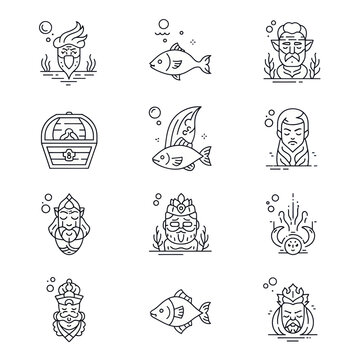 Mythical Creatures and Underwater Icons: Fantasy Characters, Treasure Chest, Fish
