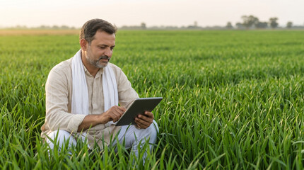 Fototapeta premium educated rural indian farmer sitting in wheat crop field using tablet for precision agriculture and smart farming technology concept