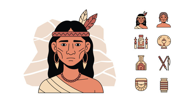 Portrait of a Native American woman with traditional feather headpiece and jewelry surrounded by various indigenous cultural artifacts.