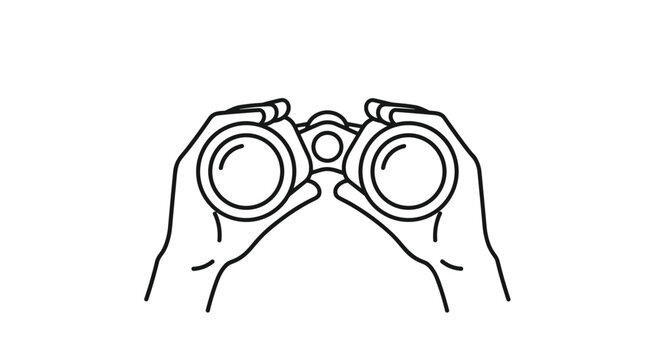 Illustration of human hands holding a pair of binoculars for observation and scouting represents looking forward or seeking new horizons.