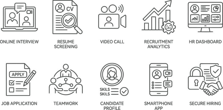 Recruitment process icons set with online interview, resume screening, video call, analytics, HR dashboard, job application, teamwork, candidate pr...