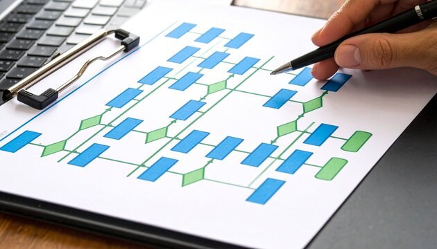 Clipboard flowchart diagram with decision nodes and process steps