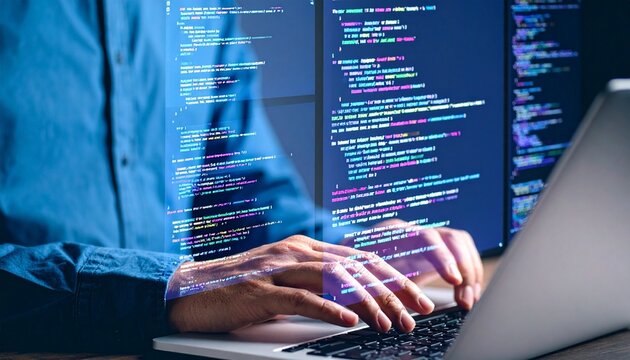 Laptop typing with holographic programming code and syntax highlights