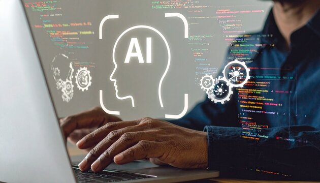 Laptop typing with holographic AI head silhouette and gears
