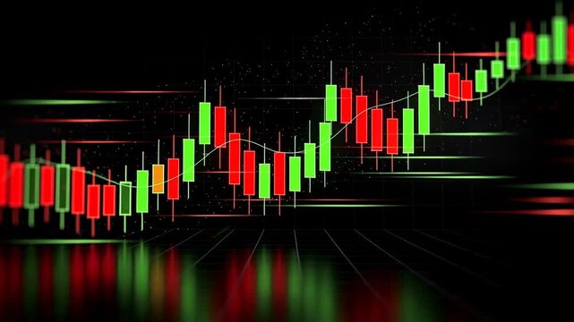 Stock market trading candlestick chart with green and red bars showing financial data trends