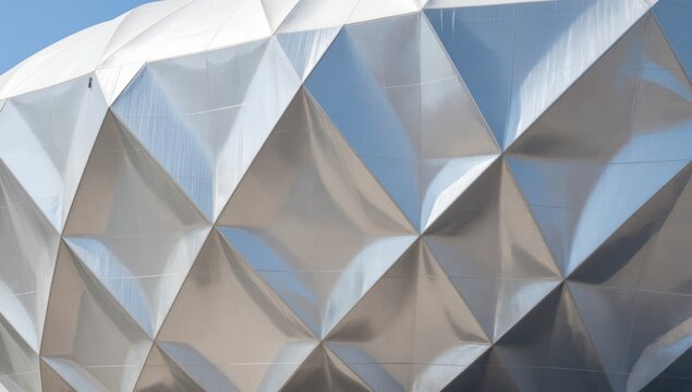 Abstract geometric architectural cladding with reflective metallic surfaces forming diamond patterns on modern building facade against clear blue sky in bright daylight