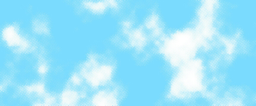 Retro comic book sky background featuring white dotted clouds and rasterized mist texture, suitable for banners, covers, and editorial layouts.