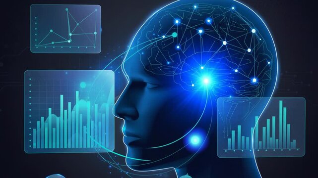 Digital human brain with glowing data charts and neural network connections in futuristic technology concept