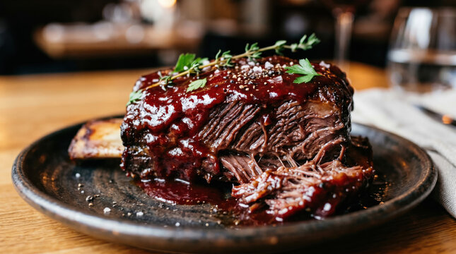 Beef short rib braised sauce glazed dinner gourmet restaurant herb sesame beef short rib braised until tender, coated thick glossy sauce with herb garnish dark plate, closeup food photography with