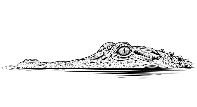 Alligator Emerging From Water, Black and White Illustration, Wildlife Art