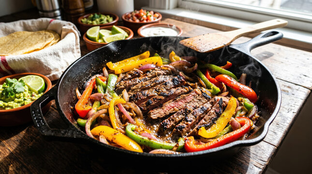 Flank steak fajita strip bell pepper onion cast iron skillet tortilla lime cilantro mexican food flank steak fajita strip sizzling with bell pepper and onion cast iron skillet, warm tortilla, lime