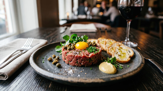 Beef tartare quail egg appetizer fine dining restaurant caper toast wine parsley gourmet Beef tartare served with raw quail egg yolk caper toast parsley mustard microgreen plate wine glass table