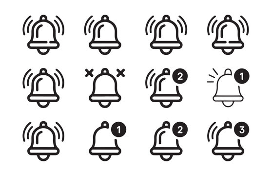 Notification bell icon set vector illustration isolated on transparent background ring alert line symbol.