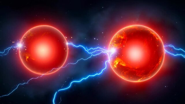 Red glowing particles connected by electric blue energy in a cosmic space background
