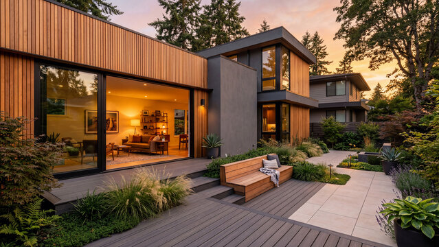 Modern Home Extension With Cedar Wood Cladding, Stepped Decking Entertaining Area, Built-In Bench, Premium Porcelain Pavers, Minimalist Landscaped Courtyard, Architectural Renovation, Golden Hour Outd